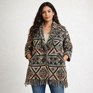 Northern Style women's Medium Southwestern Fringe Tapestry Cardigan‎ Jacket